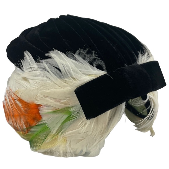 Vintage Flapper Casque Pheasant Feather Black Velvet Hat Cap Lace Lined La Vogue main image 11